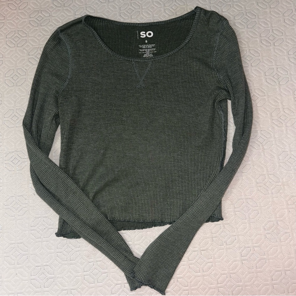 SO Olive Green Ribbed Waffle Long Sleeve Crop Top
